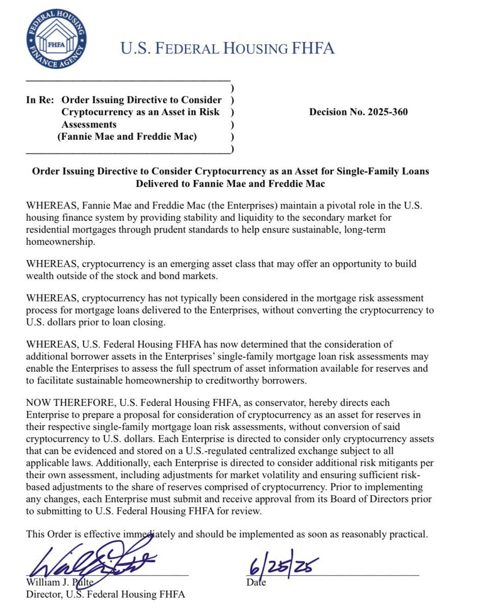 FHFA Orders Fannie Mae & Freddie Mac to Include Crypto in Mortgage Assessments