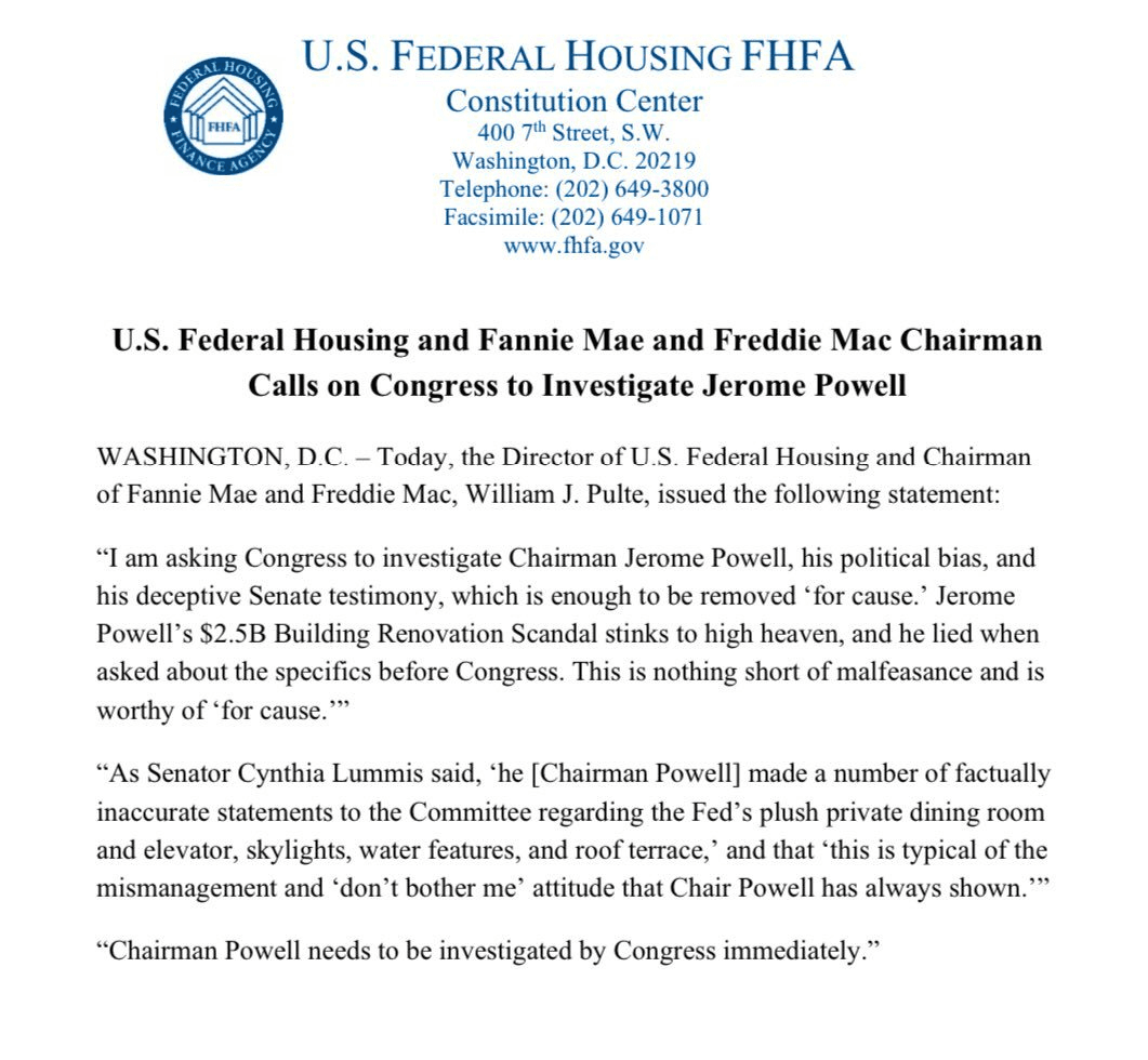 FHFA Calls for Congressional Investigation of Fed Chair Powell