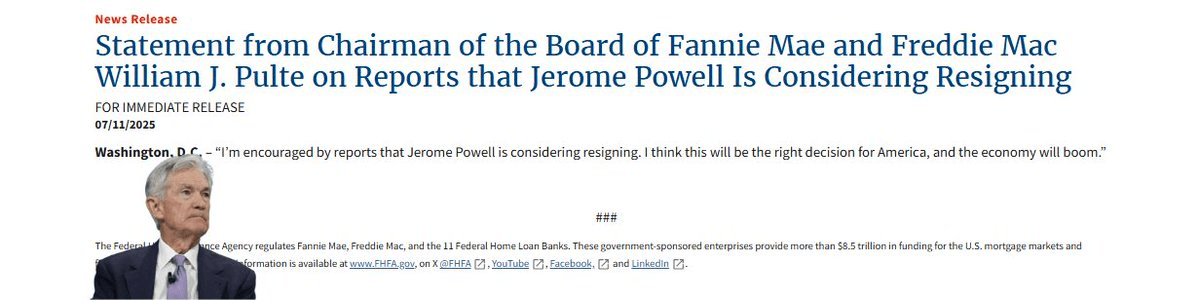 Fed Chair Powell Reportedly Considering Resignation Following FHFA Investigation Call