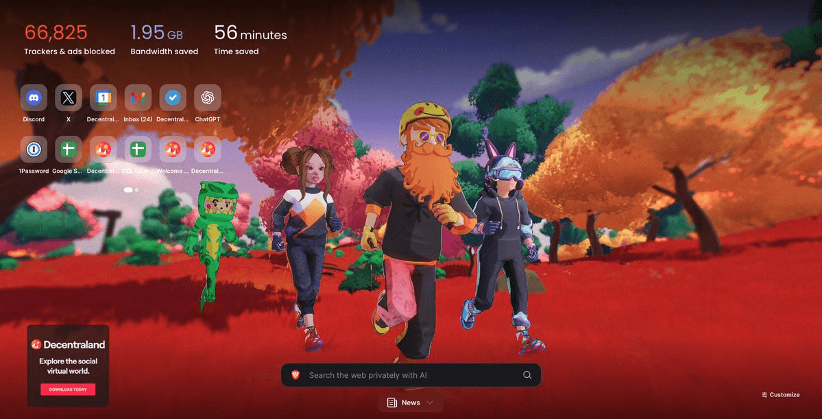 Brave Browser Features Decentraland in Global Homepage Takeover
