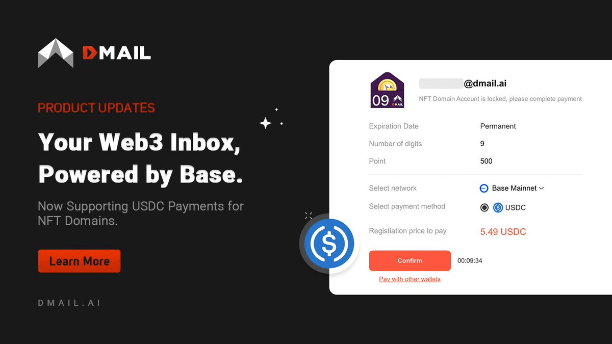 Dmail Network Adds USDC Payment for Web3 Domain Minting on Base