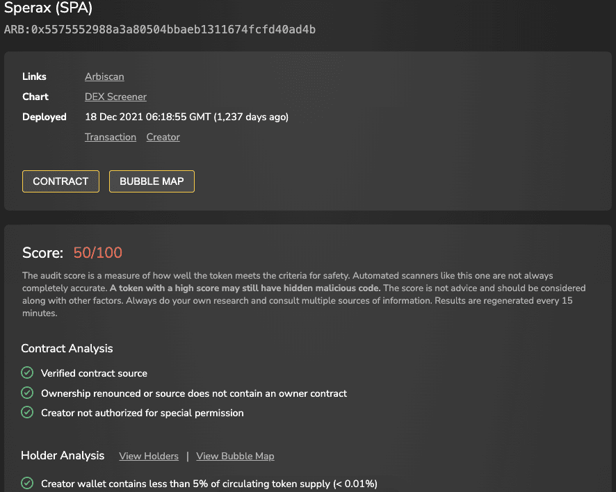 Token Sniffer Updates $SPA Safety Score Following SIP-70