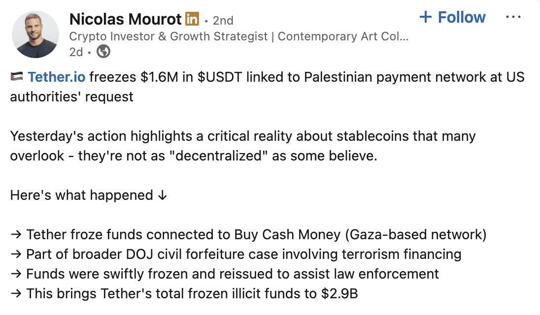 Tether Freezes $1.6M USDT at US Government Request