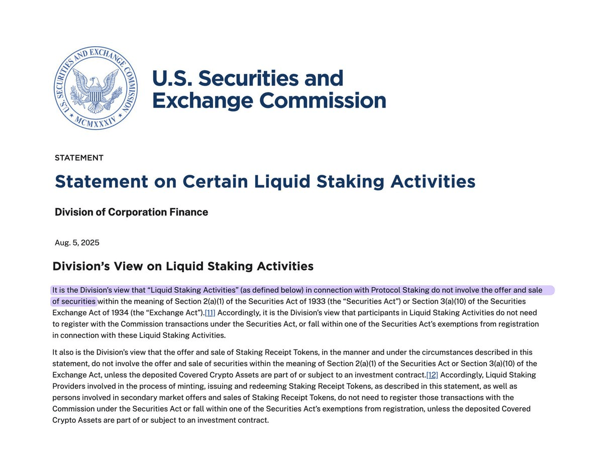 SEC Issues New Guidance on Liquid Staking Securities Classification