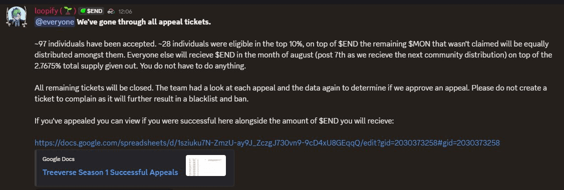 97 Season 1 Ban Appeals Accepted for $END Airdrop