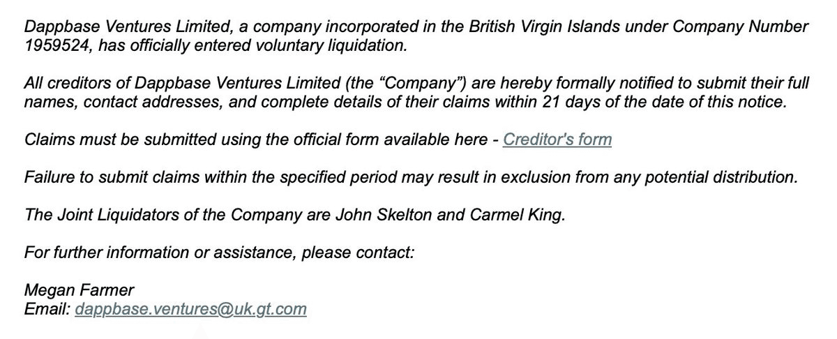 Grant Thornton Posts Creditor Notice for Dappbase Ventures Limited