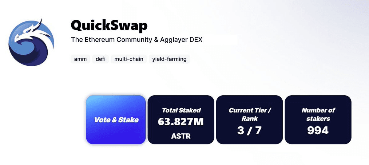 QuickSwap Ranks #3 in Astar Network dApp Staking