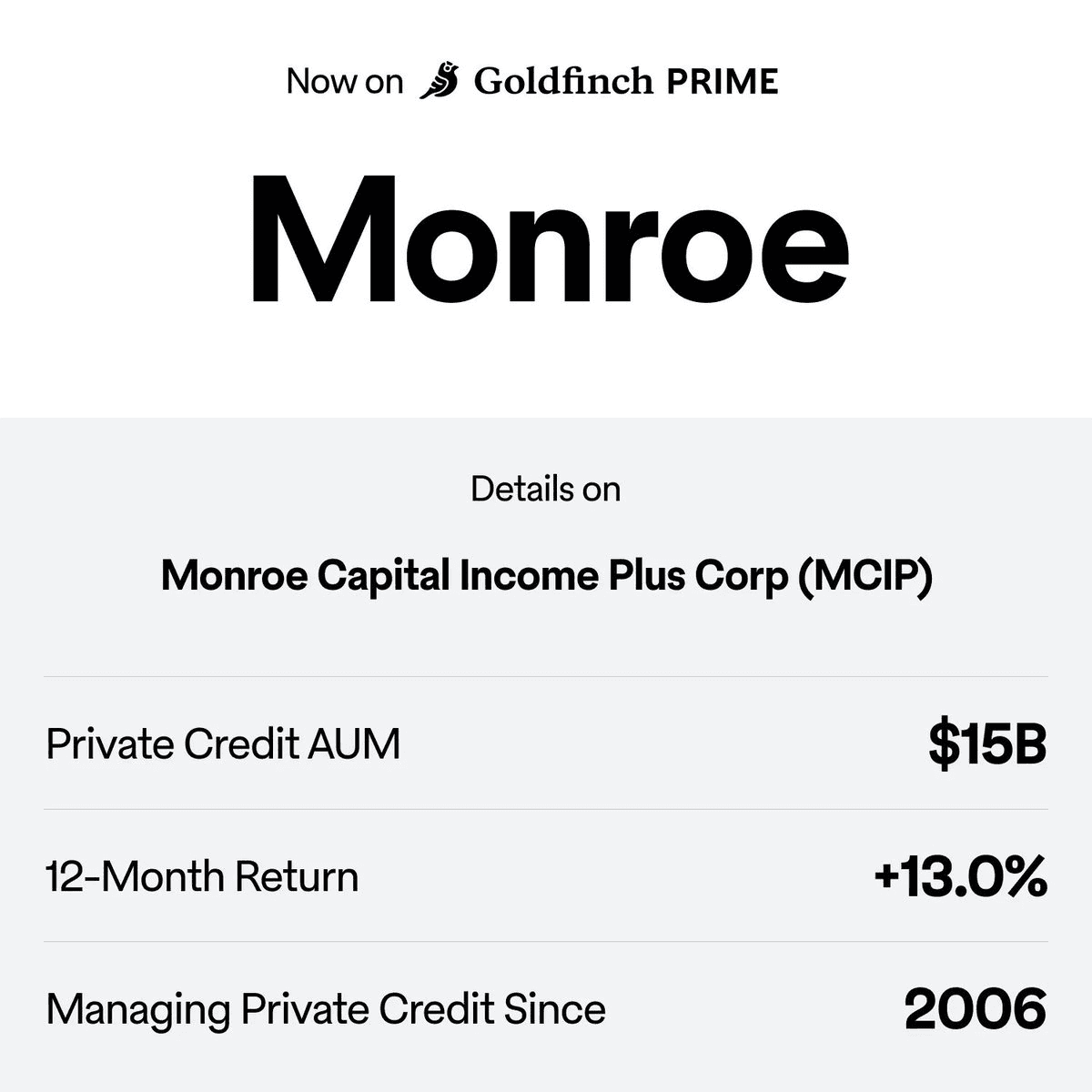 Monroe Capital Launches Income Plus Fund on Goldfinch Prime