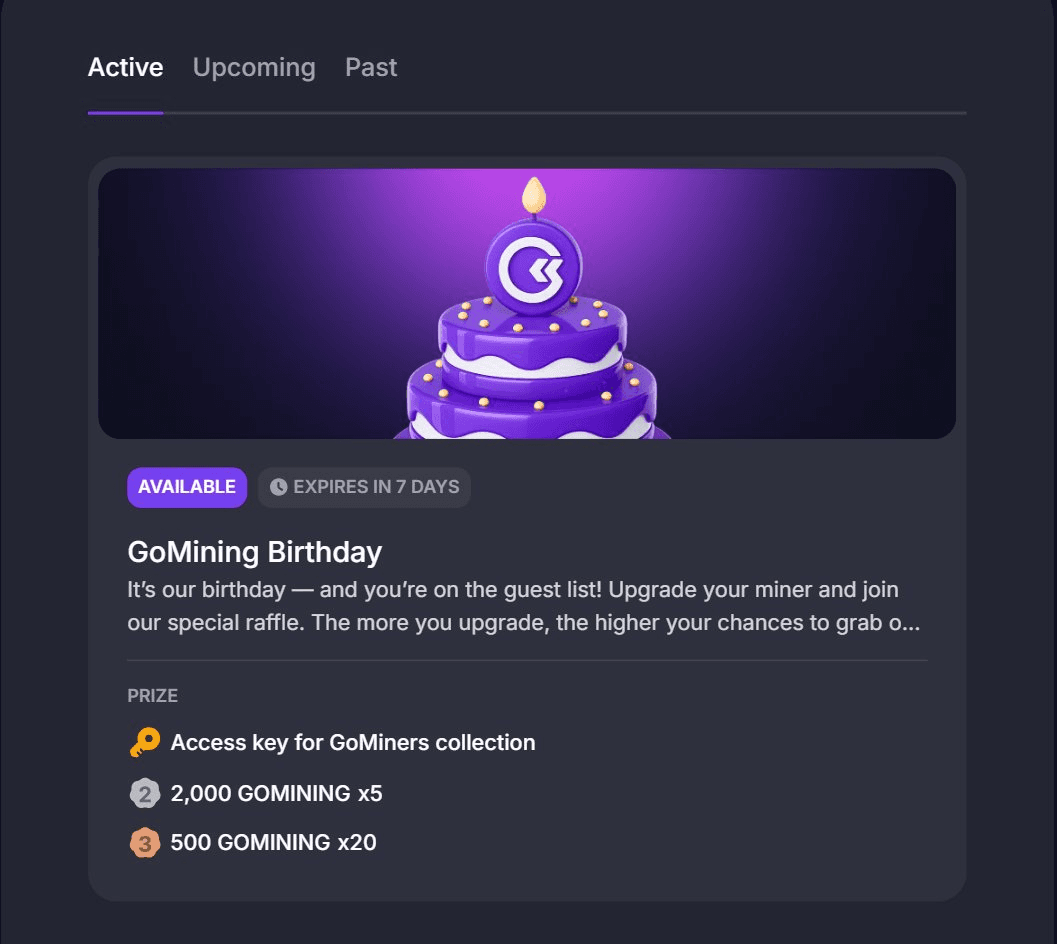 GoMining Birthday Raffle: $26+ Upgrades Enter You to Win Golden Prizes