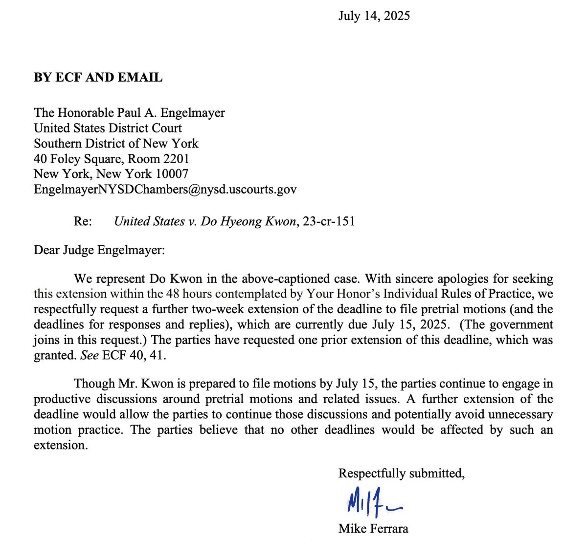 Do Kwon Legal Team Seeks Additional Extension for Pretrial Motions
