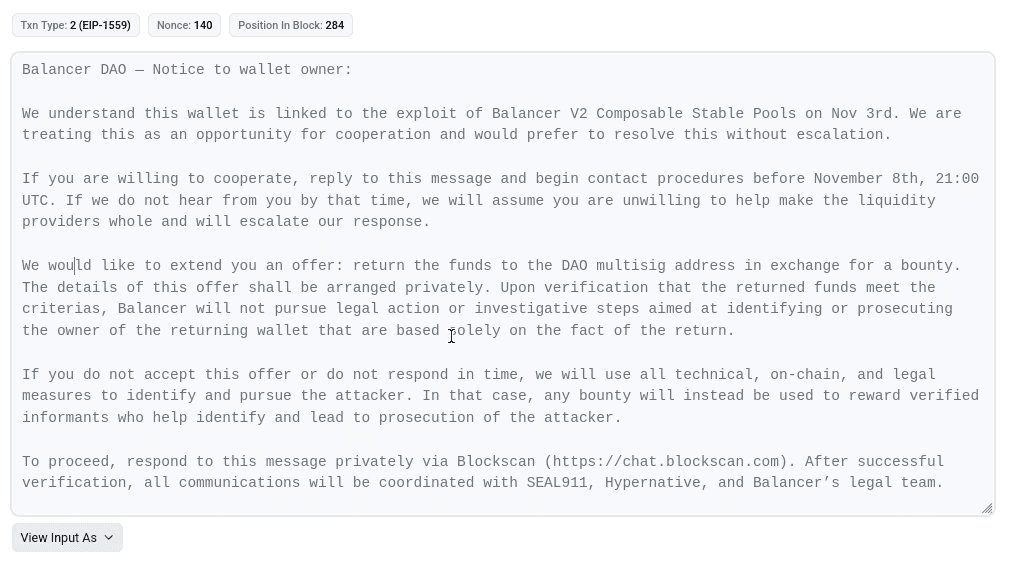 Balancer Sends On-Chain Message to Hacker After V2 Pool Exploit