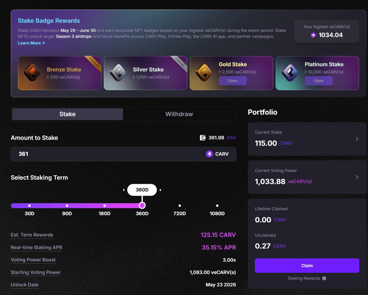 CARV Launches Stake Badge Rewards Program with Season 3 Airdrop