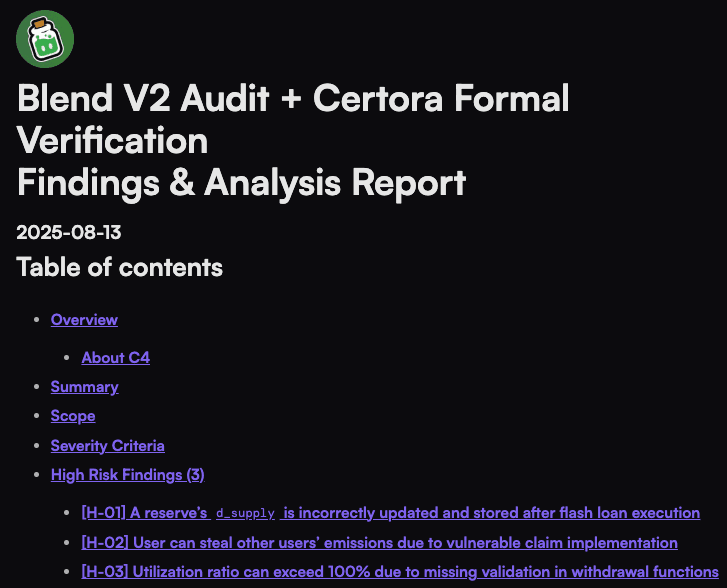 Blend v2 Audit Report Published with Code4rena and Certora