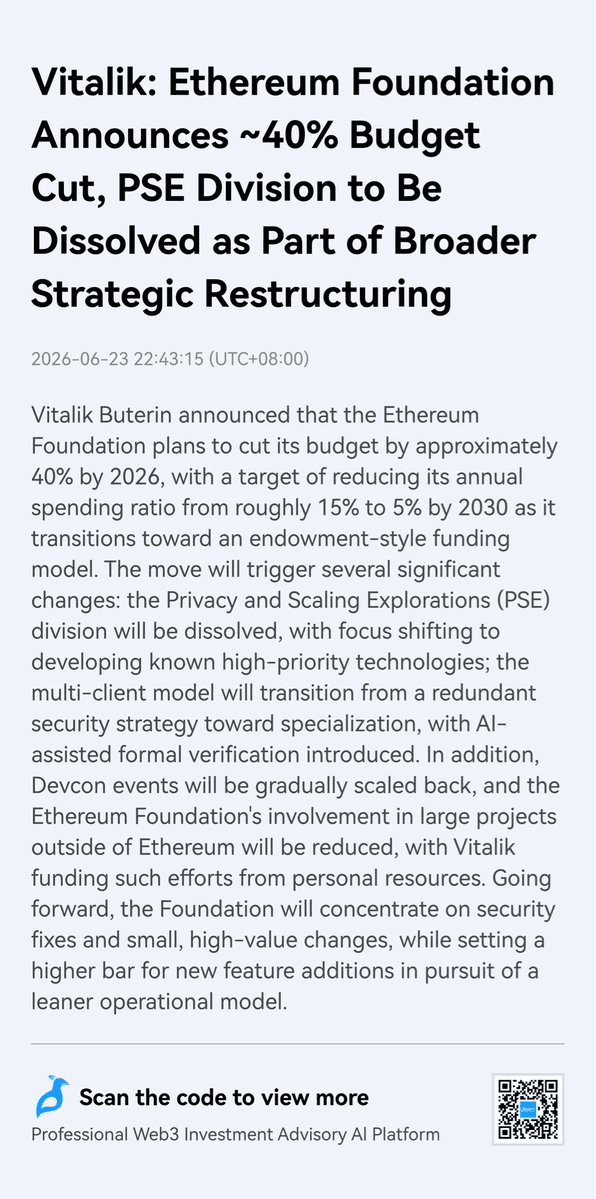 Ethereum Foundation Cuts Budget 40%, Shifts Focus to Core Development