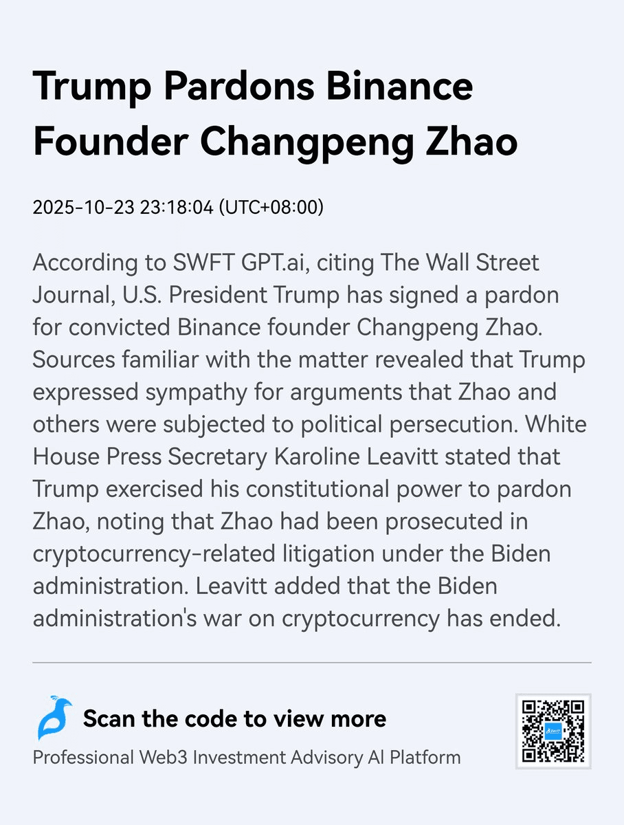 Trump Pardons Binance Founder CZ, Calls Case Political Persecution