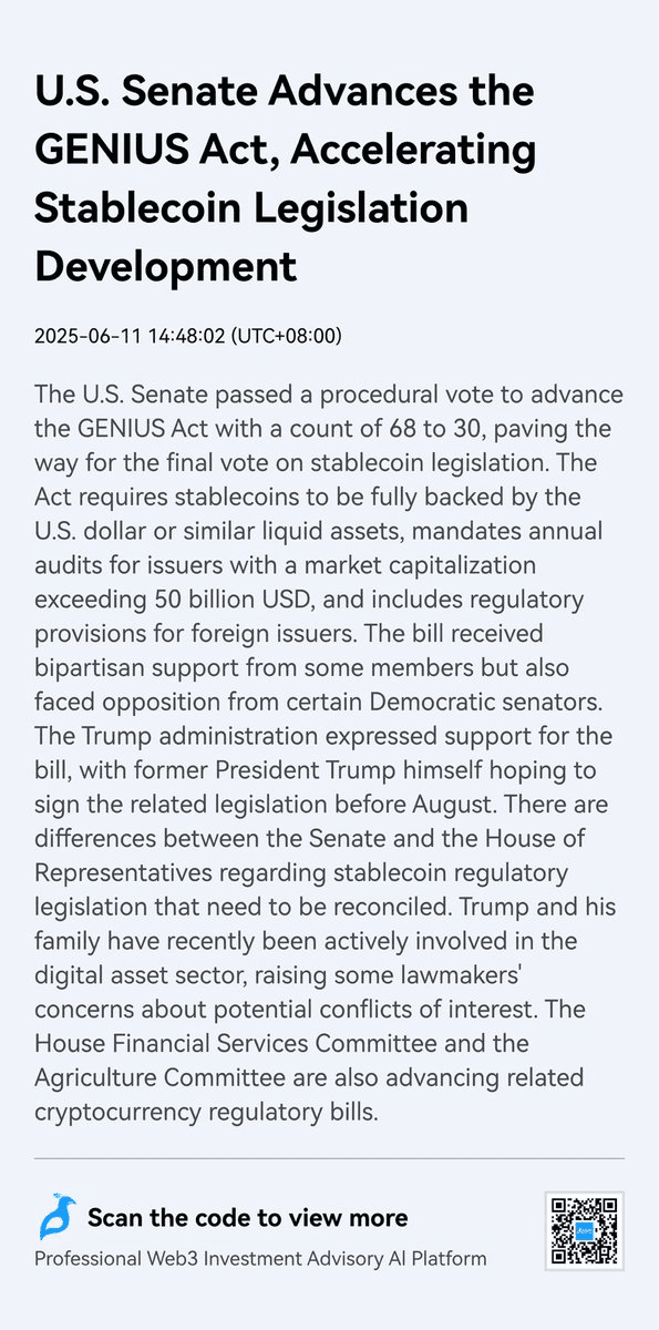 U.S. Senate Advances GENIUS Act for Stablecoin Regulation