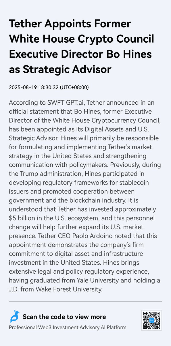 Tether Appoints Former White House Crypto Council Director as Strategic Advisor